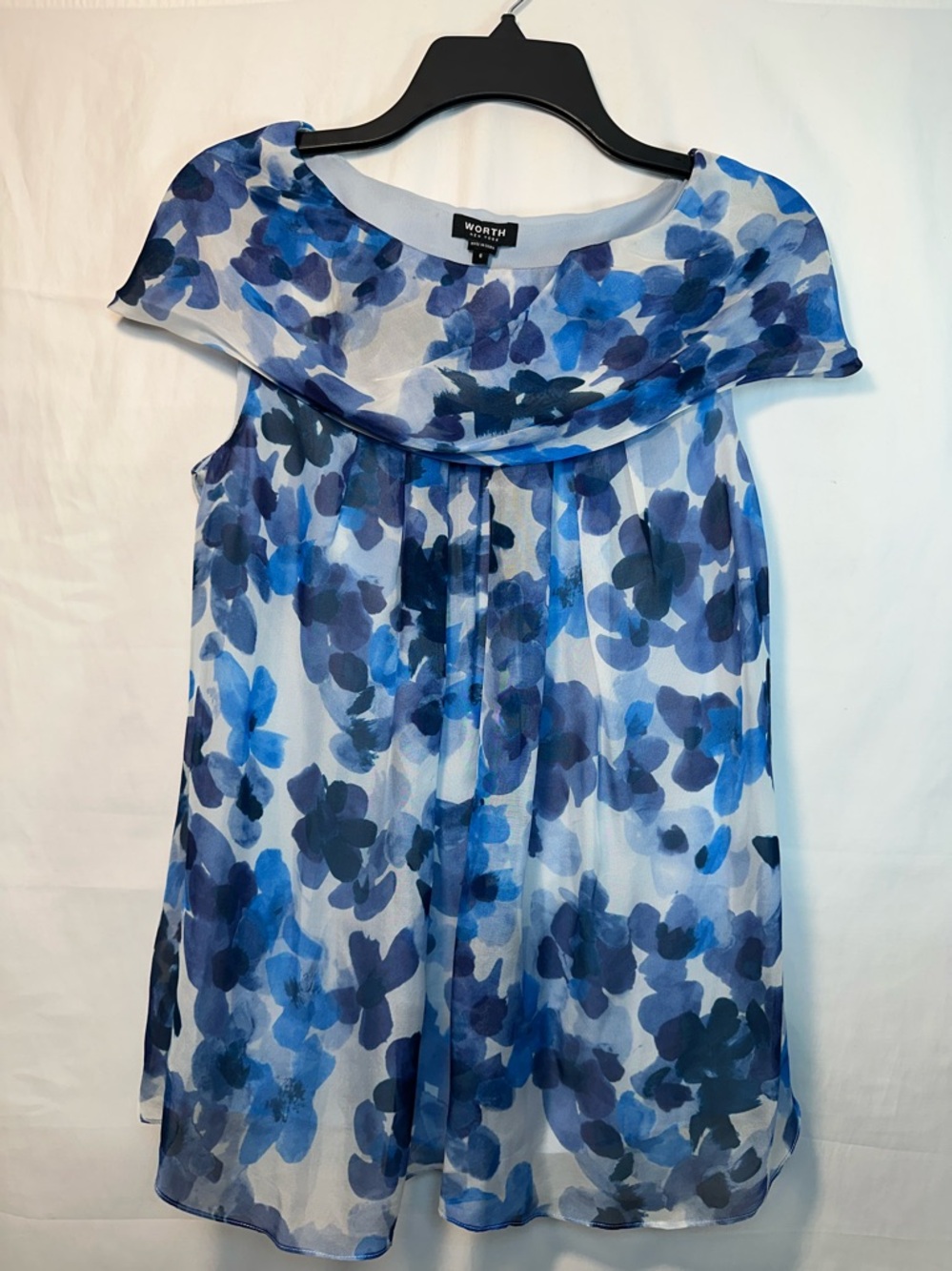 Worth Blue Floral Off-Shoulder Silk Chiffon Top